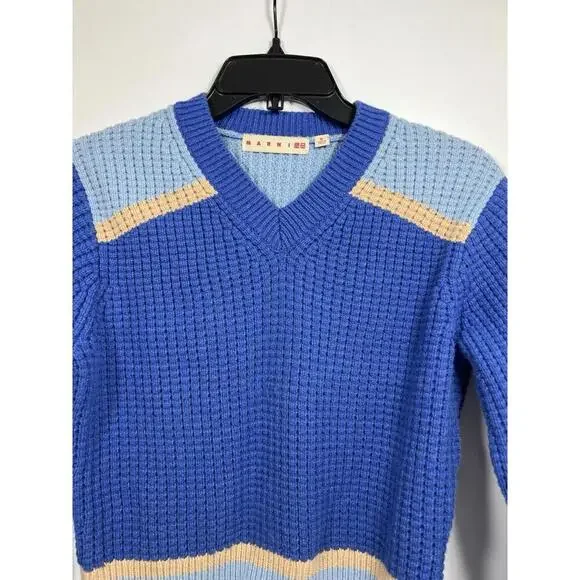 Marni x Uniqlo Popcorn Knit V-Neck Sweater Blue Women Sz Med Preppy - Picture 4 of 9